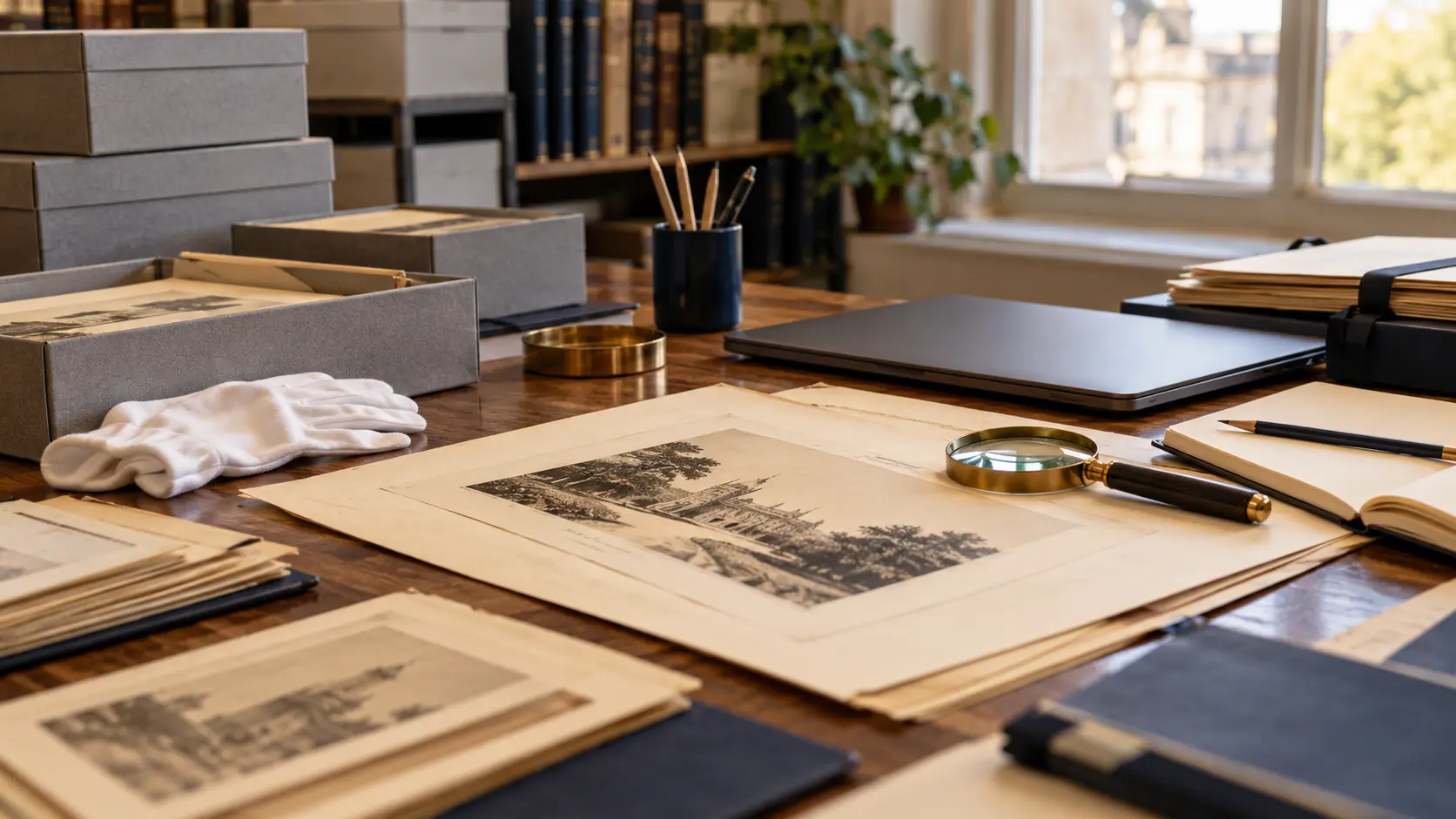 An illustrative archive desk with historical documents, boxes and research tools