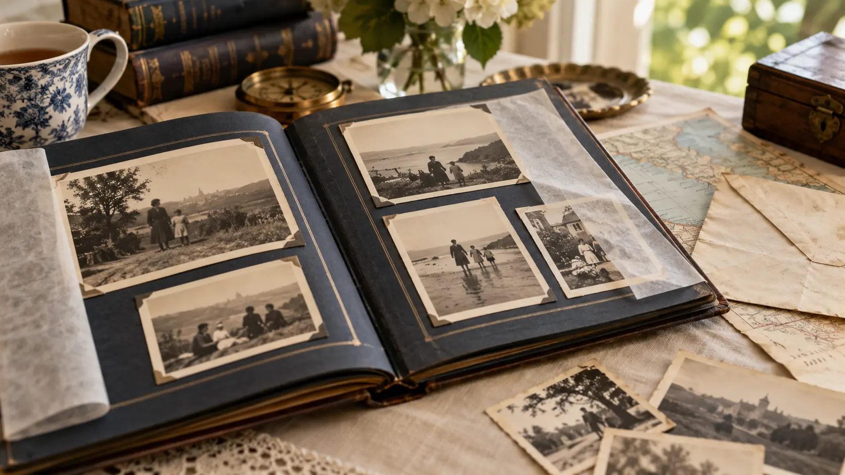 An illustrative family album arranged with maps, letters and historical photographs
