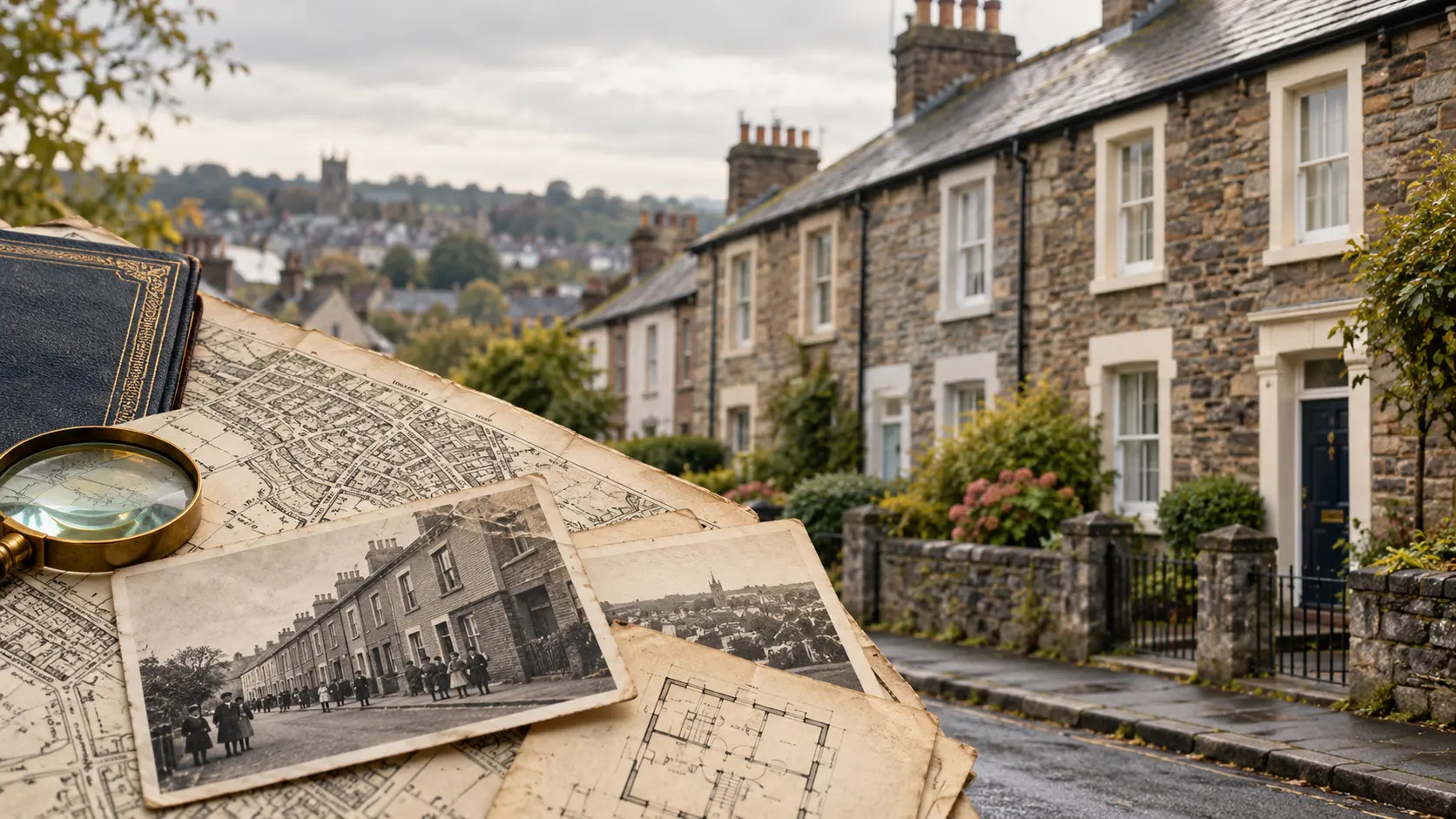 An illustrative historic Welsh street shown with maps, plans and photographs