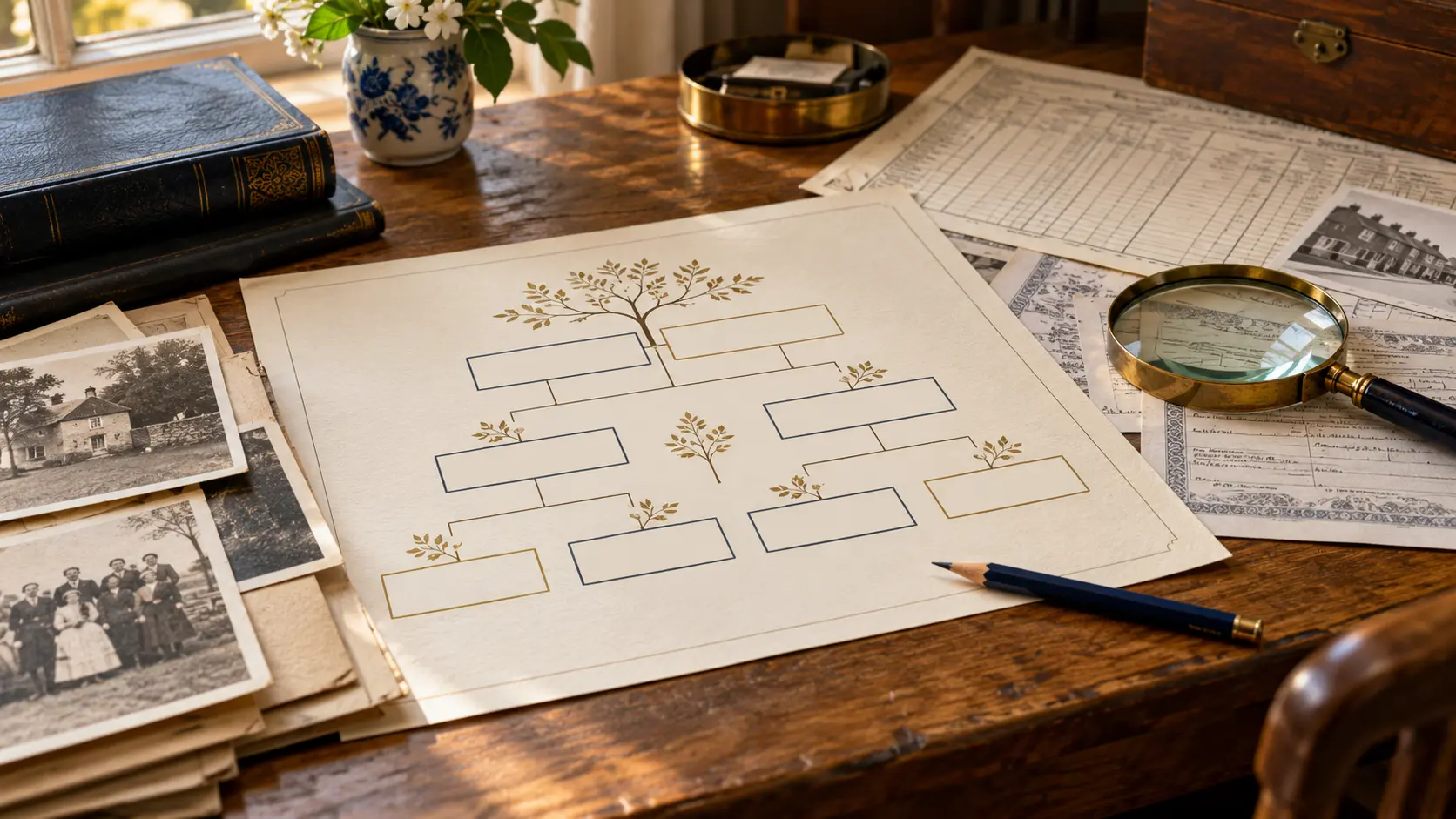 An illustrative family tree chart arranged with archive records and photographs